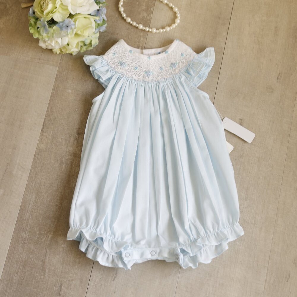 Smocked Blue and White Heirloom Romper Boutique Pin Tucks Bullion Embroidery NWT